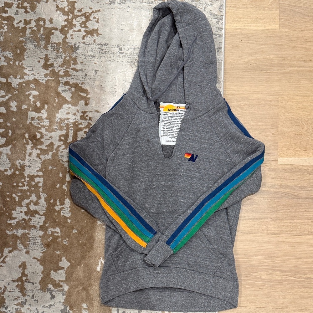 Aviator Nation Gray Hoodie with Blue and Green Stripes